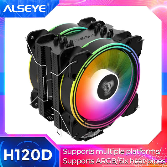 ALSEYE H120D CPU Cooler RGB Fan 120mm PWM 4 Pin 6 Heat Pipes Cooler for LGA 775 115x 1366 2011 1200 AM2+ AM3+ AM4 support X99